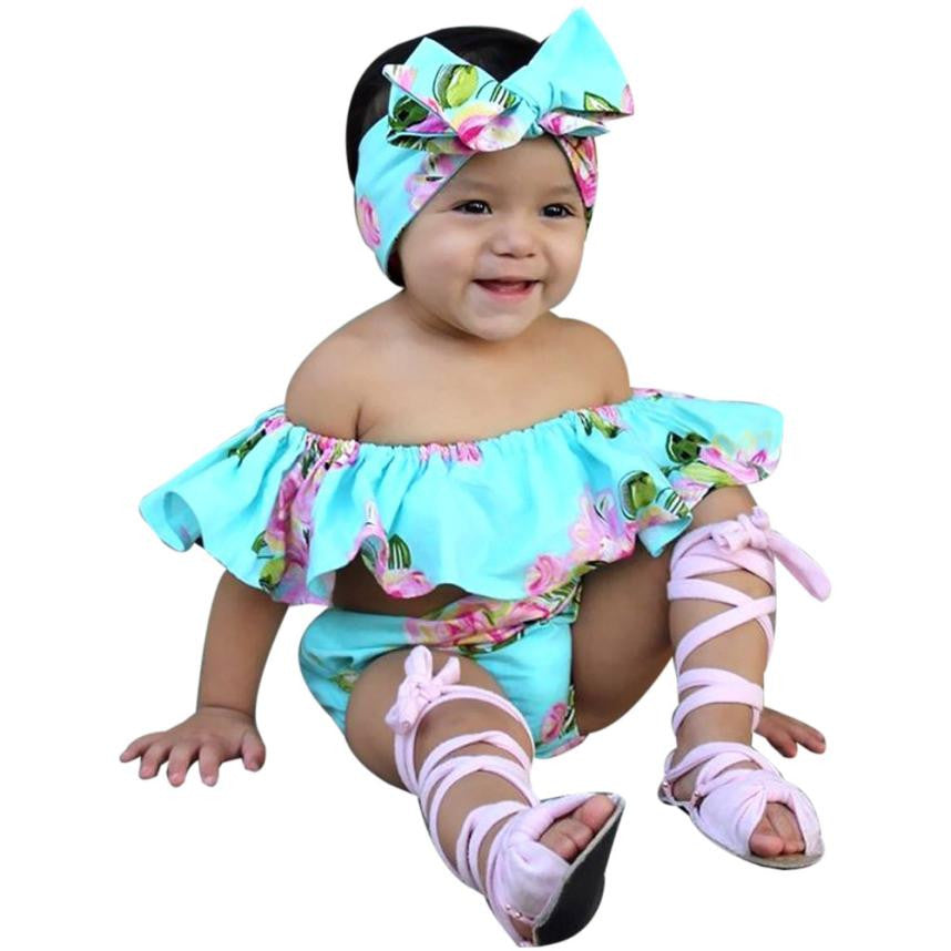 Kids baby girls set Floral Toddler Baby Girl Off Shoulder T Shirt Tops Shorts Outfit children Clothes Sets baby girl clothes
