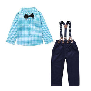 Baby Boy Clothes 2017 Spring New Brand Gentleman Plaid formal Clothing Suit For Newborn Baby Bow Tie Shirt + Suspender Trousers