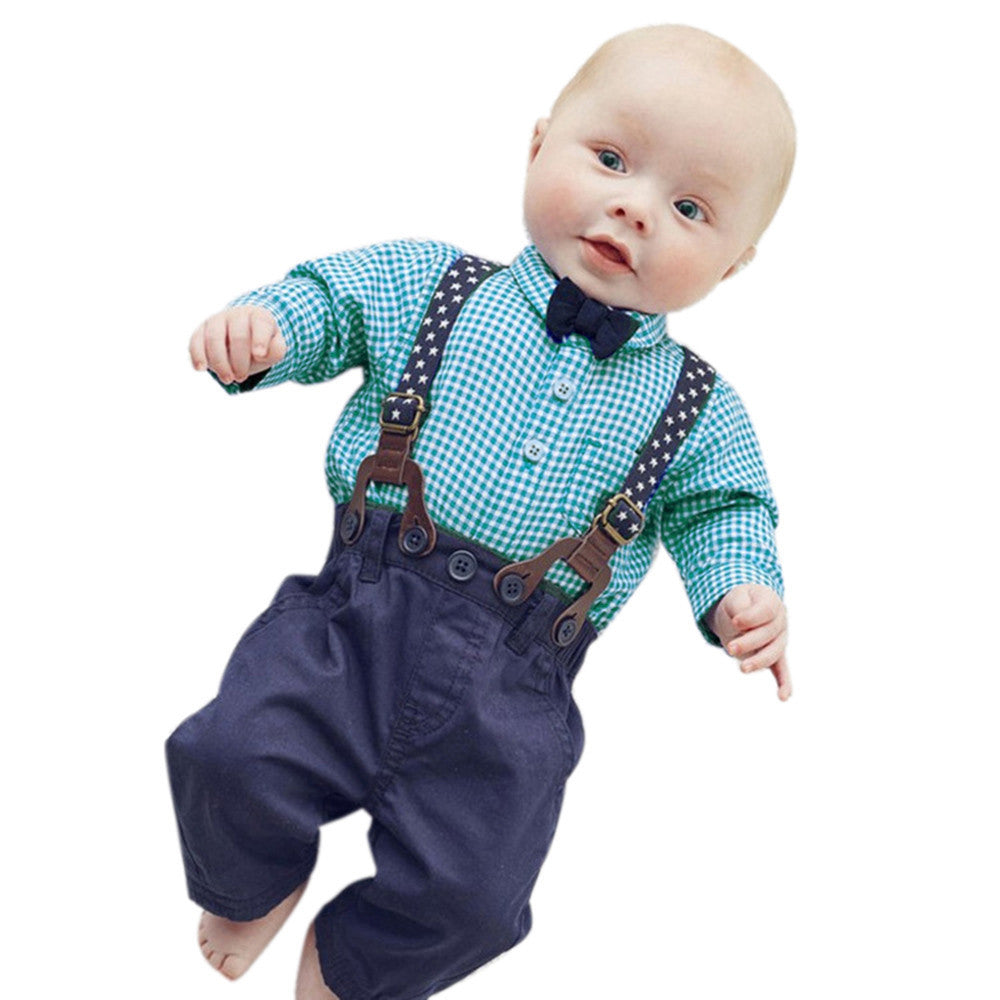 Baby Boy Clothes 2017 Spring New Brand Gentleman Plaid formal Clothing Suit For Newborn Baby Bow Tie Shirt + Suspender Trousers