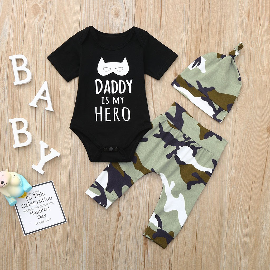 Newborn Infant Baby Boy Clothes Letter Cartoon Romper Tops+Camo Pants Outfit Set